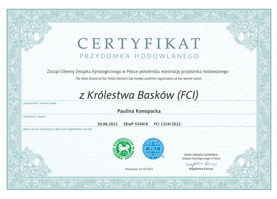 Certyfikat przydomka hodowlanego